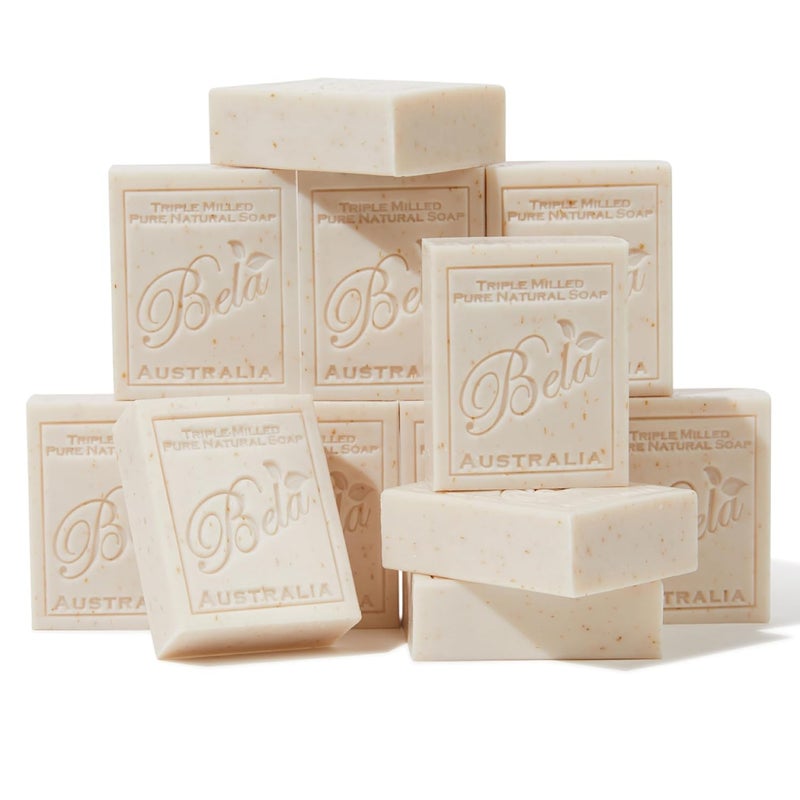 BELA Oatmeal Soap with Milk and Bran 33 OZ Pack of 12 Long Lasting French Triple Milled Bar Soap with Organic Shea Butter Hand Face and Body Wash Bars Made in Australia